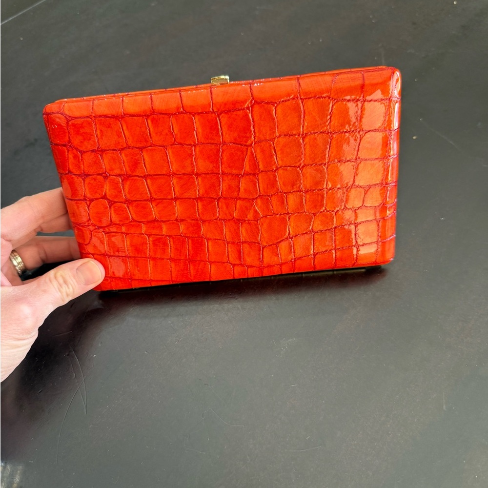 NEW Vintage Abas Croc-Embossed Leather Frame Clutch Wallet | Red-Orange